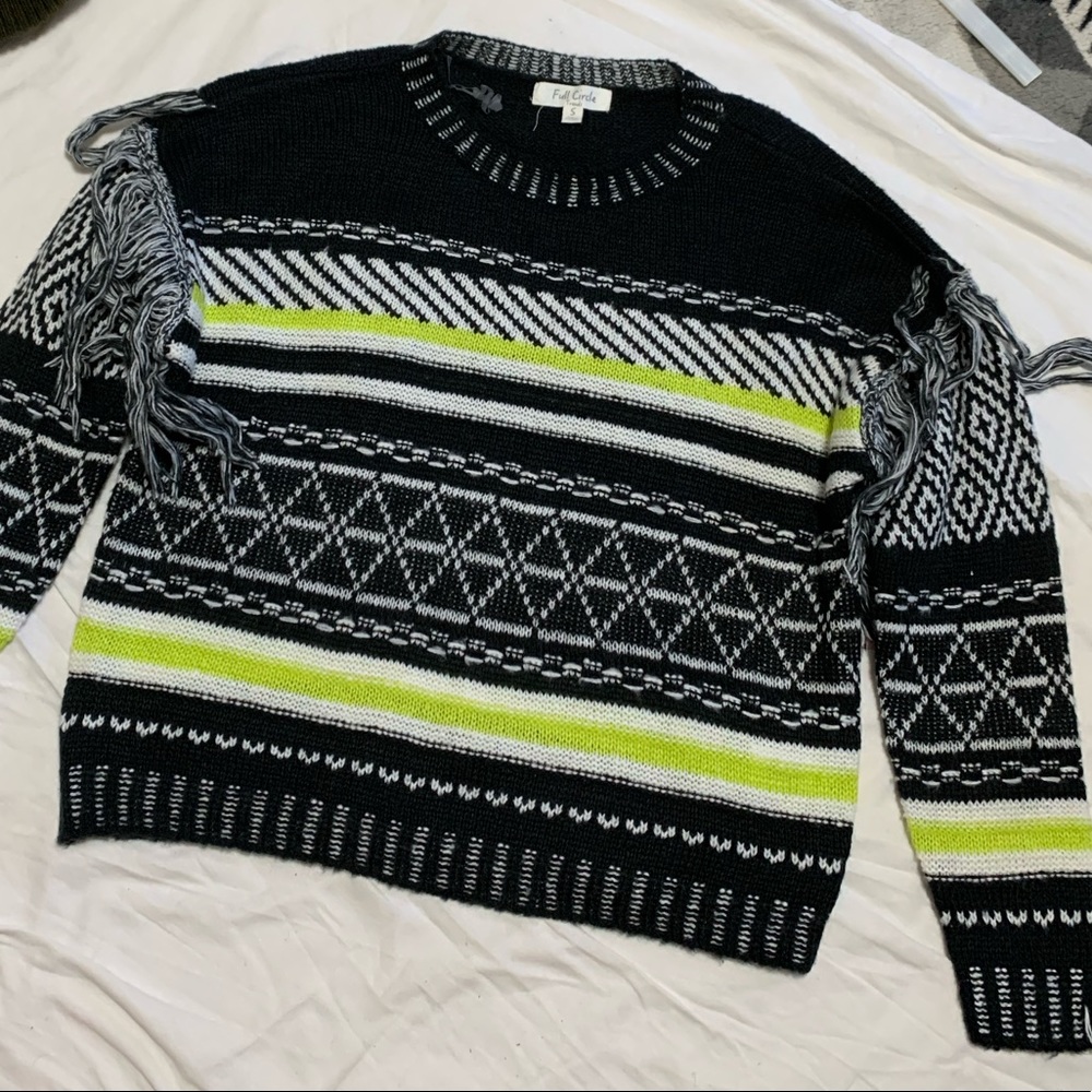 Full Circle Black Striped Sweater with Fringes